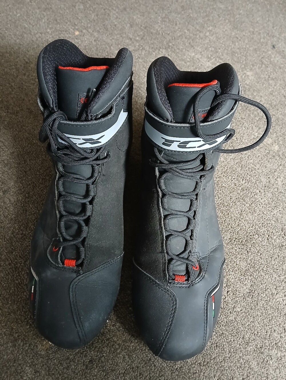 TCX Mens Black High-Top Lace-Up Boots with Red Accents